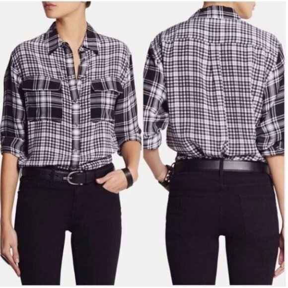 Equipment Top Womens Small Signature Highway Black Plaid Button Up Silk Boho - Picture 1 of 8